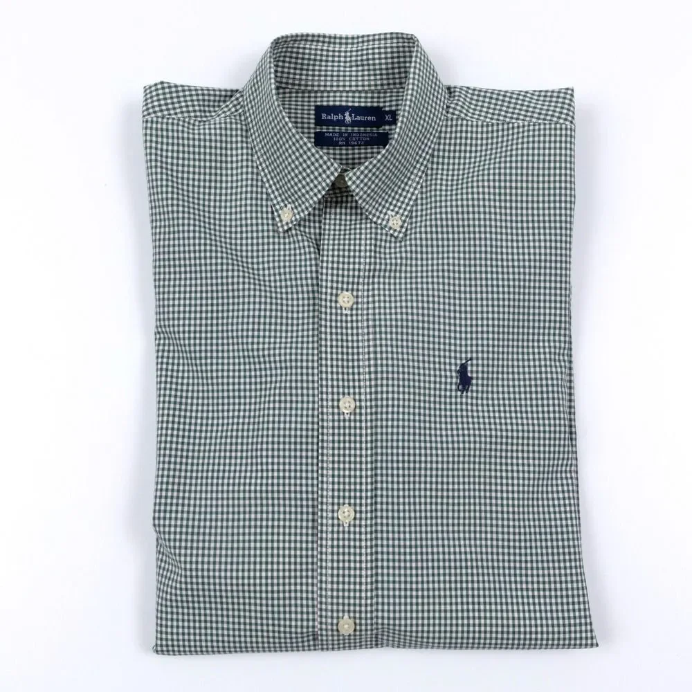 Vtg Polo Ralph Lauren Shirt Mens XL‎ Green Plaid Gingham Check Button Down EUC